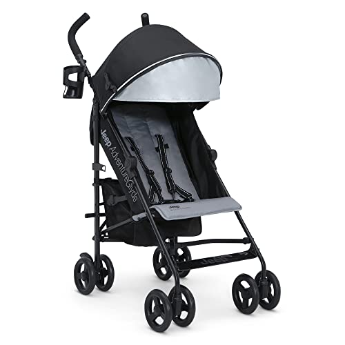 Jeep AdventureGlyde Stroller by Delta Children – Lightweight Travel Stroller with Smoothest Ride & Compact Fold, 3-Position Recline, Extra Large Storage Basket, Black/Grey