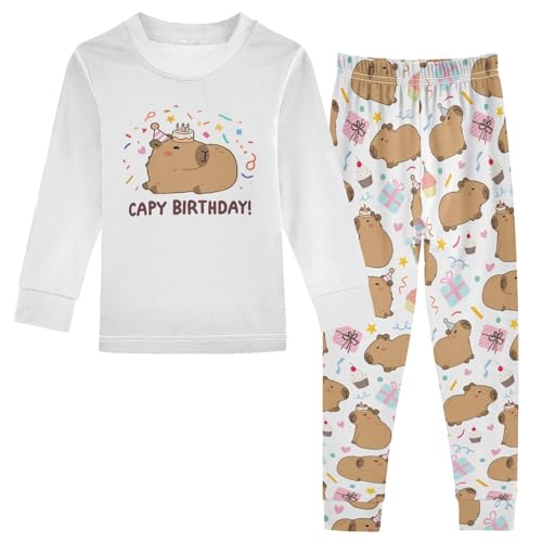 Capybara Cute Cartoon Birthday Party Cute Pajama Sets Long Sleeve Top and Pants, Snug Fit Sleepwear for Night Wears
