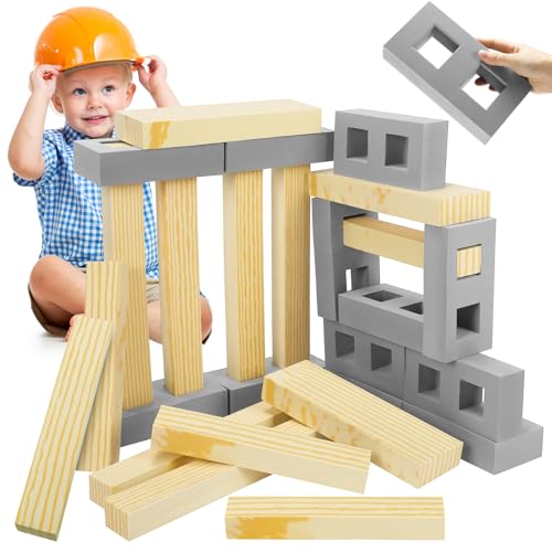 Leyndo 24 bloques de construcción de ladrillo de espuma suave con viga de madera de espuma, bloques de construcción de ladrillos falsos, bloques de construcción de espuma gigantes, juegos de bloques