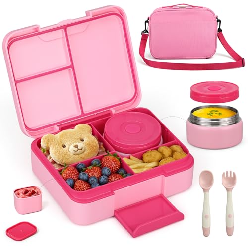 Image of WyfKyd Bento Lunch Box Set with Soup Thermo Food Container for Kids Adults | Bento Box Set with 9.5oz Soup Thermo Kids Leak-proof Lunch Box Container with Insulated Hot Food Jar and Bag for School Pink