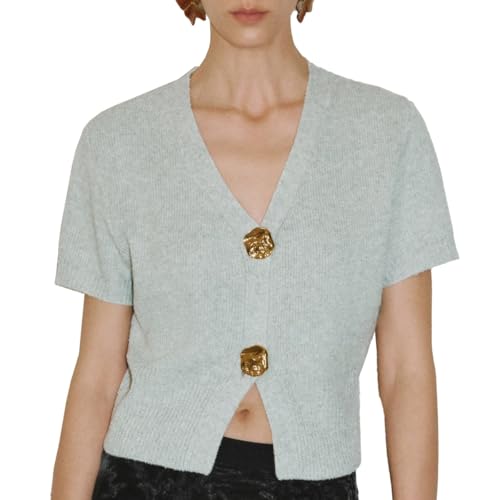 Image of URBAN REVIVO Women's Cardigan Sweaters Short Sleeve V Neck Gold Button Down Cropped Knit Casual Summer Tops