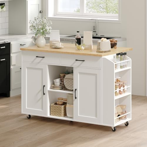 Kitchen-Island-on-Wheels-472In-Rolling-Kitchen-Island-Table-with-Drop-Leaf-Kitchen-Storage-Island-with-Drawer-Spice-Rack-Towel-Rack-Rolling-Kitchen-Cart-White-and-Natural-KINW12801N1 Kitchen Island on Wheels 472In Rolling Kitchen Island Table with Drop Leaf Kitchen Storage Island with Drawer Spice Rack Towel Rack Rolling Kitchen Cart White and Natural KINW12801N1