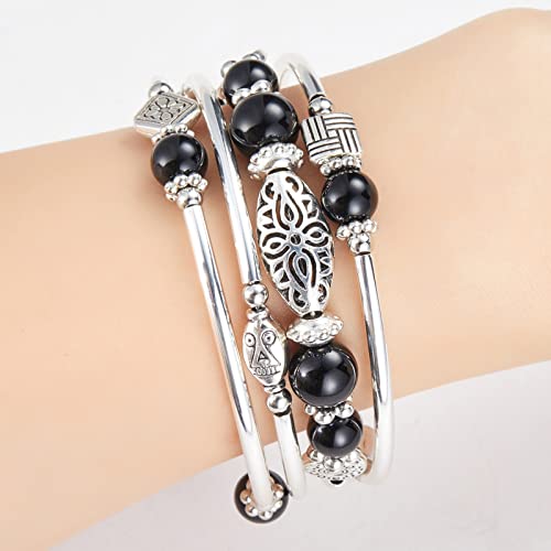 Layered Wrap Bangle Turquoise Bracelet - Bead Bracelet with Natural Agate Stone, Gifts for Women