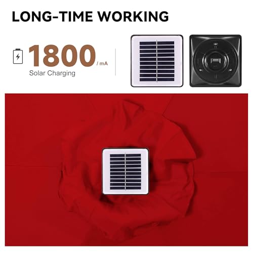 Image of 10ft Solar Patio Umbrella - Outdoor Umbrella with Centre Surround Light 24 LED Lights, Market Table Umbrella with Tilt for Pool, Porch, Garden, Deck, Backyard UV Protection (Red)
