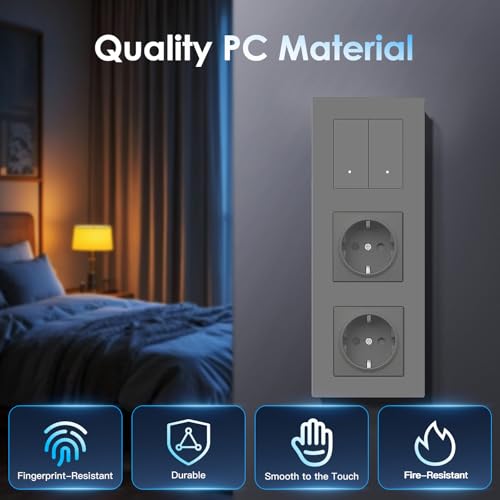 BSEED Normal Doppelt Steckdose mit Smart Lichtschalter(Neutralleiter Erforderlich), WIFI Schalter Unterputz Kompatibel mit Alexa und Google Home, Taster Schalter 2 Fach 1 Weg mit PC Rahmen, Grau