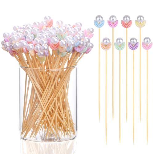 JtmyAota 100 Pack Pearl Toothpicks for Appetizers, 4.7 Inch Natural Bamboo Cocktail Picks for Cake Dessert Food Valentines Wedding Birthday Party Decoration