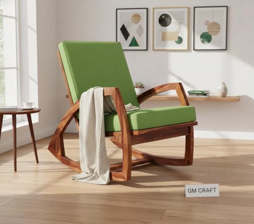 Image of Solid Sheesham Wood Rocking Chair for Living Room - Upholstered Relaxing Chair - Wooden Rocking Chair for Adults for Home Outdoor Indoor (Honey, Crew)