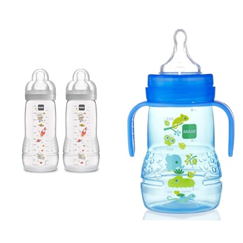 Image of MAM Easy Active Bottle 11 oz (2-Count), Fast Flow Bottles, 4+ Month, Unisex, Gray & Plastic Trainer Cup (1 Count), Trainer Drinking Cup with Extra-Soft Spout
