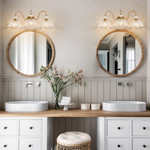 Image of Vintage Bathroom Vanity Light, 3-Light Matte Brass Finish Vanity Light with Floral Clear Glass Shades, Retro Wall Sconce for Bathroom, Dressing Table