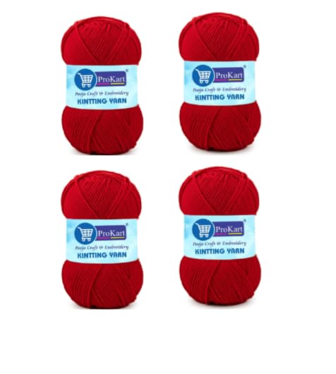 Image of ProKart Premium 4 Ply Woolen Knitting Yarn, Red (100g x 4 Pack). Soft Yarn for Knitting, Crochet and Crafts. Ideal for Sweaters, Scarves, Hats, Baby wear and DIY Projects.