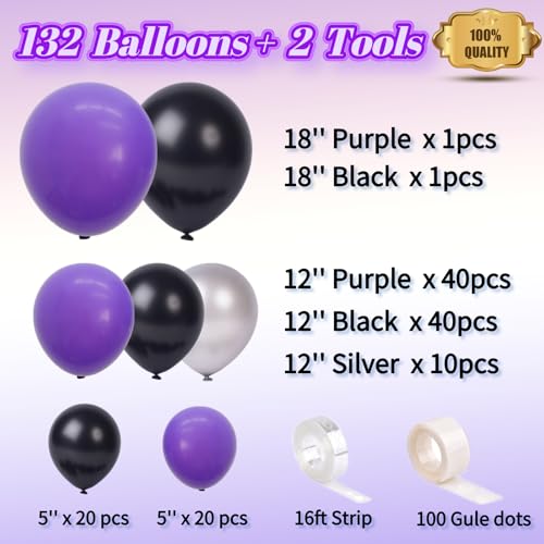 Image of Black and Purple Balloons - 132pcs 18'' 12'' and 5'' Purple Black Balloon Arch Kit with Metallic Silver Balloons for Birthday Party Halloween Graduations Corporate Event and Gaming Night