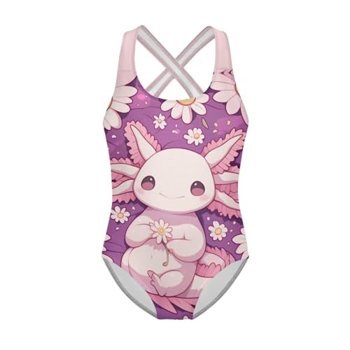 Image of Girls One Piece Swimsuit Axolotl Cross Back Straps Bathing Suit Lightweight Quick Dry Gymnastics Leotard