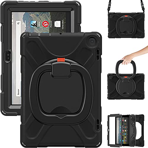 Amazon Kindle Fire HD 8 2022 & Amazon Kindle Fire HD 8 Plus 2022 ケース 耐衝撃 衝撃吸収 スタンド 肩掛けー ショルダーストラップ 傷つけ防止 シリコン 360度回転スタンド 頑丈 仕事用