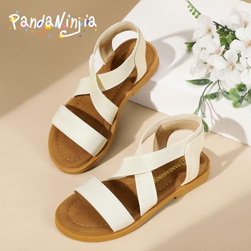 Image of PANDANINJIA Girls Sandals Slip-on Elastic Ankle Cross Strappy Gladiator Dress Sandals Flats Summer Shoes Little Big Kids Sandals