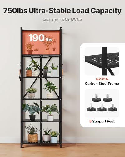 Image of VEVOR 6-Tier Foldable Storage Shelf, 24W x 12D x 72H Inch Folding Metal Rack Shelving Unit, No Assembly Organizer Shelf with 5 Wheels & 4 Hooks for Pantry, Kitchen, Garage, Basement, Black