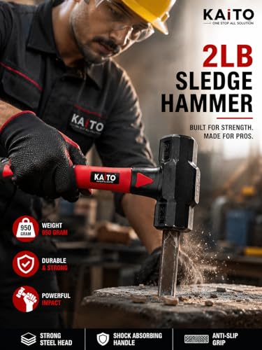Image of KAITO Sledge Hammer with Fiber Handle | Heavy Duty Forged Steel Head | Anti-Slip Shockproof Grip | Professional Hammer for Construction, Demolition & Carpentry Work (1, 2 LB) 950 Grm | Red & Black