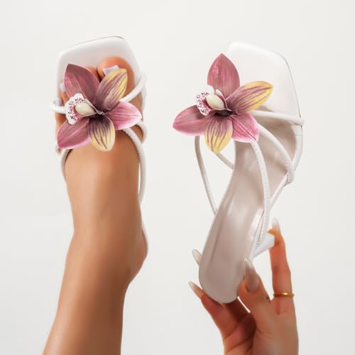 Women's White Leather High Heel Sandals - Floral Accent Square Toe Sandals with Pearl Anklet - Elegant Wedding & Party Shoes4