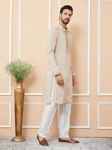 Image of See Designs Men's Long Sleeve Mandarin Collar Side Slit Off-White Embroidered Chanderi Silk Straight Kurta
