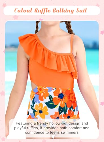 Image of Alakuoti Girls One Piece Swimsuits Cutout Ruffle Bathing Suit Quick Dry Beach Swimwear with Adjustable Strap 5-14 Years
