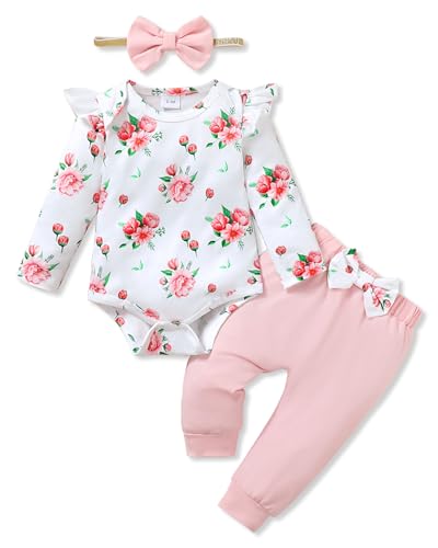 Image of YALLET Baby Girl Clothes Newborn Infant Girl Outfits Floral Romper+Pants+Headband Fall Baby Layettes for Clothing 0-18 Months