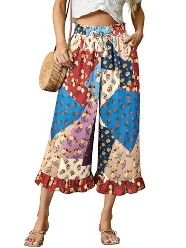 Image of Womens Wide Leg Palazzo Capri Pants Fun Vintage Print Flowy Cropped Capris