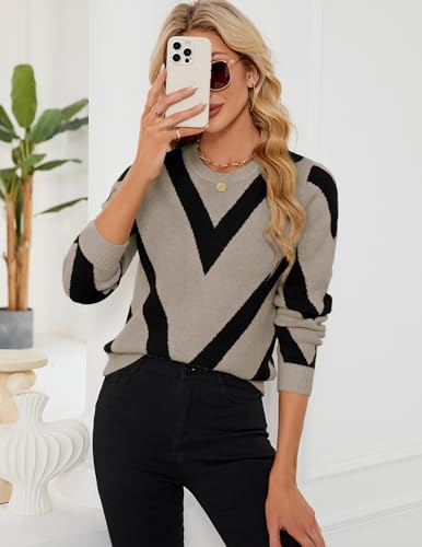 Image of Libsorge Womens Dressy Casual Color Block Striped Sweater Fall 2025 Trendy Outfits Lightweight Ribbed Knit Pullover Top