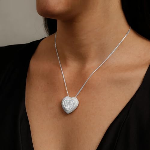 hooppoo Chuncky Cz Pave Heart Pendant Necklace for Women, Silver - image 2
