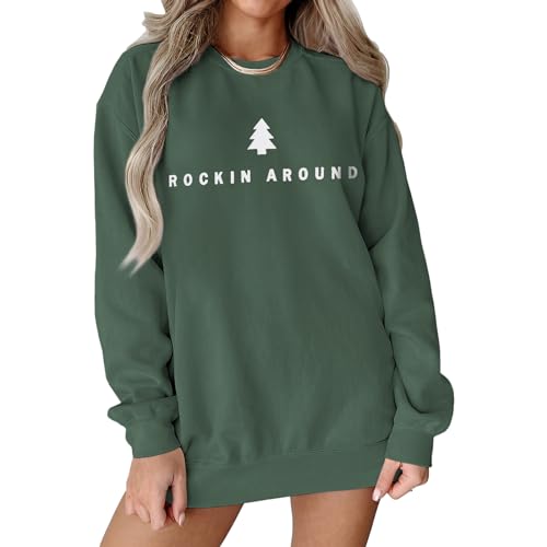 Women Christmas Tree Sweatshirt Rock Around The Xmas Tree Pullover Sweater Crew Neck Long Sleeve Oversized Tops