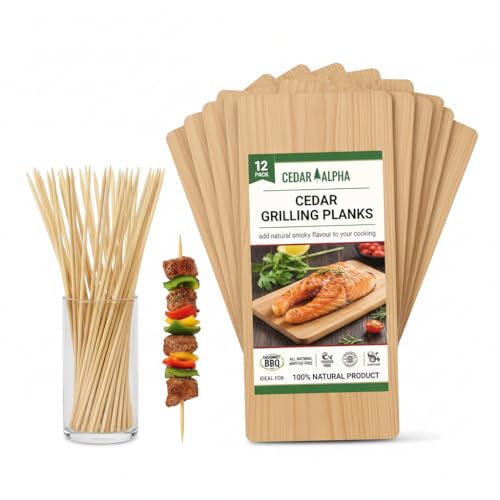 CEDAR ALPHA 12 Pk Canada Cedar Planks & 100 pcs Bamboo Skewer for Grilling Salmon, Meat Fish and Veggies. Cedar Grilling Planks for Clearance(11.8 ''X5.5, Natural Cedar Wood)