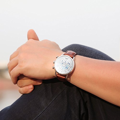 Luxury Men Chronograph Sapphire Big Dial Silver Stainless Steel Waterproof Quartz Brown Leather Watches