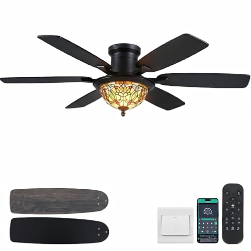Kviflon 52 Tiffany Ceiling Fan with Light Farmhouse Stained Glass Shade