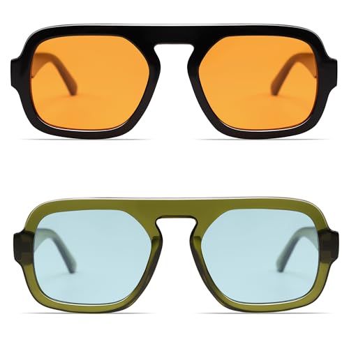 Image of VANLINKER Retro Square Aviator Sunglasses for Women Men 70s Vintage Style Trendy Flat Top Rectangle Sun Glasses VL9826