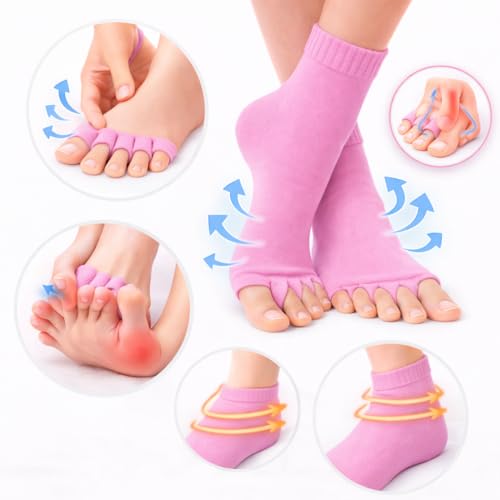 Image of Foot Alignment Orthopedic Cotton Socks for Men & Women | Five Toe Separator | Foot Pain Relief | Bunion Corrector | Plantar Fasciitis Support |Free Size | Dark Grey -BabyPink | 2 Pair | UK8-11