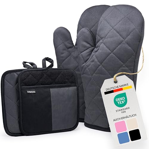 Bellphany Topflappen und Ofenhandschuhe Set - Topfhandschuhe zum Kochen & Backen, Backhandschuhe aus Baumwolle, hitzebeständig bis 250°C, Anthrazit Bellphany Topflappen und Ofenhandschuhe Set - Topfhandschuhe zum Kochen & Backen, Backhandschuhe aus Baumwolle, hitzebeständig bis 250°C, Anthrazit