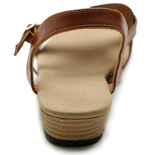 Ollio Women's Shoe Cut Out Strappy Low Heel Wedge Sandal (6.5 B(M) Us, Brown) #TOP2