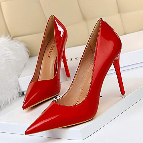 Scarpe da donna con tacco alto, in pelle verniciata, a punta, for ufficio, autunnali, sexy, for feste e matrimoni, color carne, basse, rosse