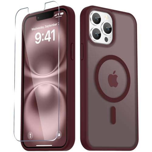 Image of YENAPOON for iPhone 13 Pro Max Case, Matte Magnetic Phone Cover [with 1 Screen Protector] [Support for MagSafe] [Shockproof Military Grade Protection] Translucent Frosted Back, Wine Red