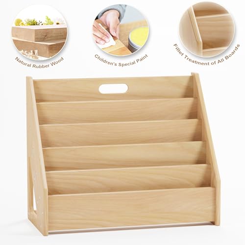 Image of Front-Facing Montessori Bookshelf,5 Tier Book Display Shelf for Toddler,Kids Storage Magazine Rack,Solid Wood Bookcase Organizer,Perfect for Playroom,Bedroom,Study Living Room,Nursery,Classroom