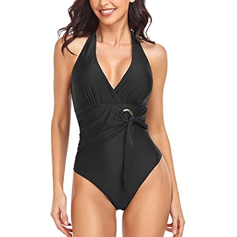Husmeu Swimming Costume Women Halter V Neck Tummy Control Swimsuit with a Belt Swimwear Padded One Piece Black M Cover