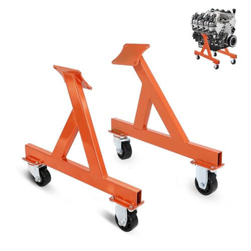Image of Metal Engine Stand for LS Series V8 Engines - Heavy Duty Steel Cradle (2 PCS), Rolling Storage Stand with Swivel Casters, Engine & Transmission Storage Support, Orange