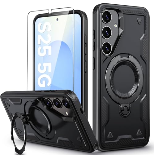 Image of for Samsung Galaxy S25 Case Magnetic with Stand, with Mag-Safe, with Screen Protector, Wireless Charging, Shockproof for Samsung S25 5G Phone Case, Ring Holder Phone Cover Black