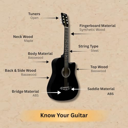 Image of Henrix 38C 38 Inch Cutaway Basswood Acoustic Guitar With Dual Action Truss Rod, Gigbag, Picks, String Set, String Winder, Strap, Polishing Cloth & Ebook - Black