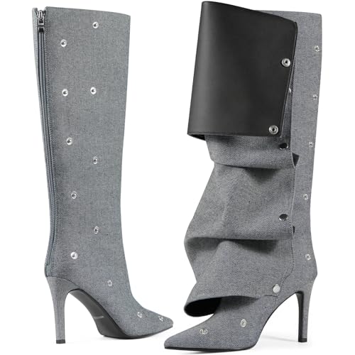 Image of Women's Knee High Shark Boots Pointed Toe High Heels Ruched Stiletto Slouchy Party Boots Detachable Snap-off Panel