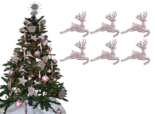 Confezione da 6 decorazioni per albero di Natale a forma di renna, glitterate, 2,2 cm x 9,5 cm (oro rosa)
