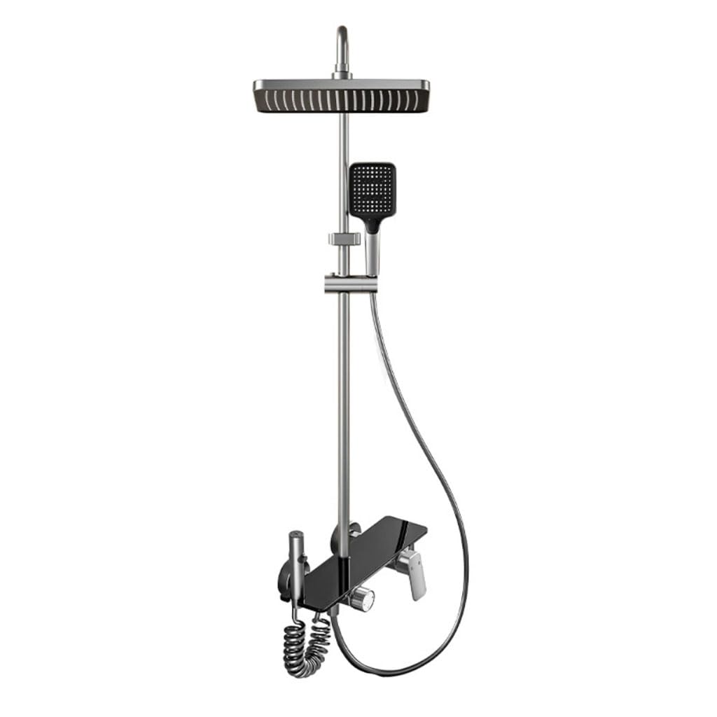 Saliscendi Doccia con soffione Grigio Metallizzato 4 funzioni | Saliscendi doccia grigio metallizzato,soffione 285mm,4 modalità pulsanti,ripiano portaoggetti,asta regolabile