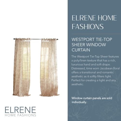 Elrene Home Fashions Floral Cottagecore Tie-Top Sheer Window Curtain Panel, Poly-Linen Blend, Flax, 52" W x 84" L (Pack of 1) - Image 2