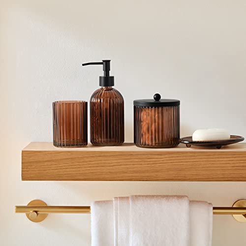 Kmwares 4Pcs Heavy Weight Decent Glass Bathroom Accessories Set With Decorative Pressed Pattern - Includes Hand Soap Dispenser & Tumbler & Soap Dish & Toothbrush Holder thumb #2