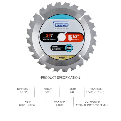 Luckyway 2-Pack 5-1/2 Inch 24T with 5/8 Inch Arbor TCT Circular Saw Blade General Purpose and Trimming Saw Blade, Cordless Trim Saw Blade for Cutting Wood(1/2-Inch and 10-mm Reducer Bushings Include) - Thumbnail 2