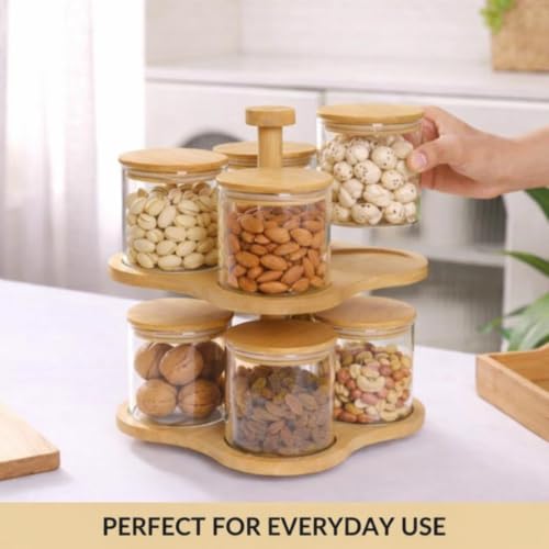 Image of Borosilicate Glass Storage Jar Set with 360 Rotating Bamboo Stand Set of 8, 350ml Airtight Glass Containers with Bamboo Lids, 2-Tier Dry Fruit Storage Organizer for Nuts, Snacks, Spices