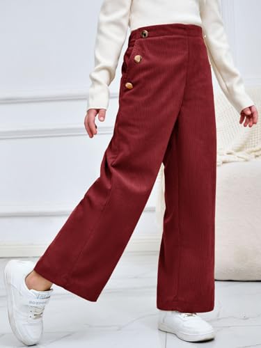 Image of Haloumoning Girls Wide Leg Corduroy Pants Kids Elastic Waist Gold Button Trousers with Pockets 5-14 Years
